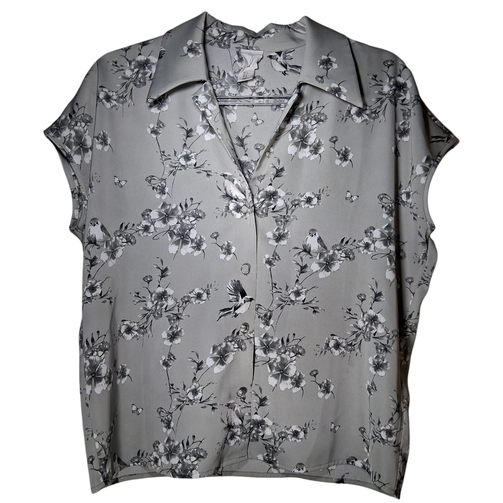 Joie Women's Blouse Size Small Floral Button Up Gray White Floral Bird Print Top